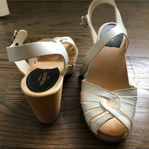 Swedish Hasbeens white leather heeled clog sandals